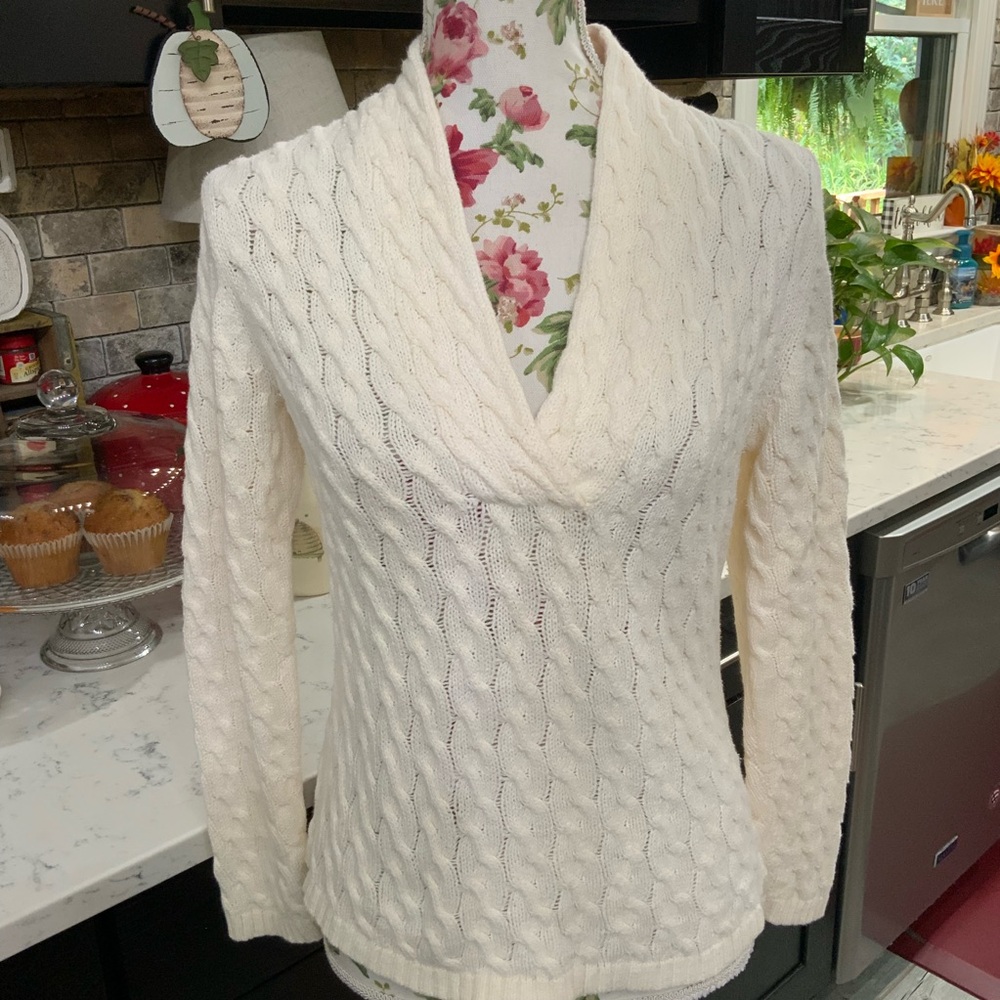 Vintage Talbots Petites SP Cable Knit Sweater Cotton Blend Long Sleeve White